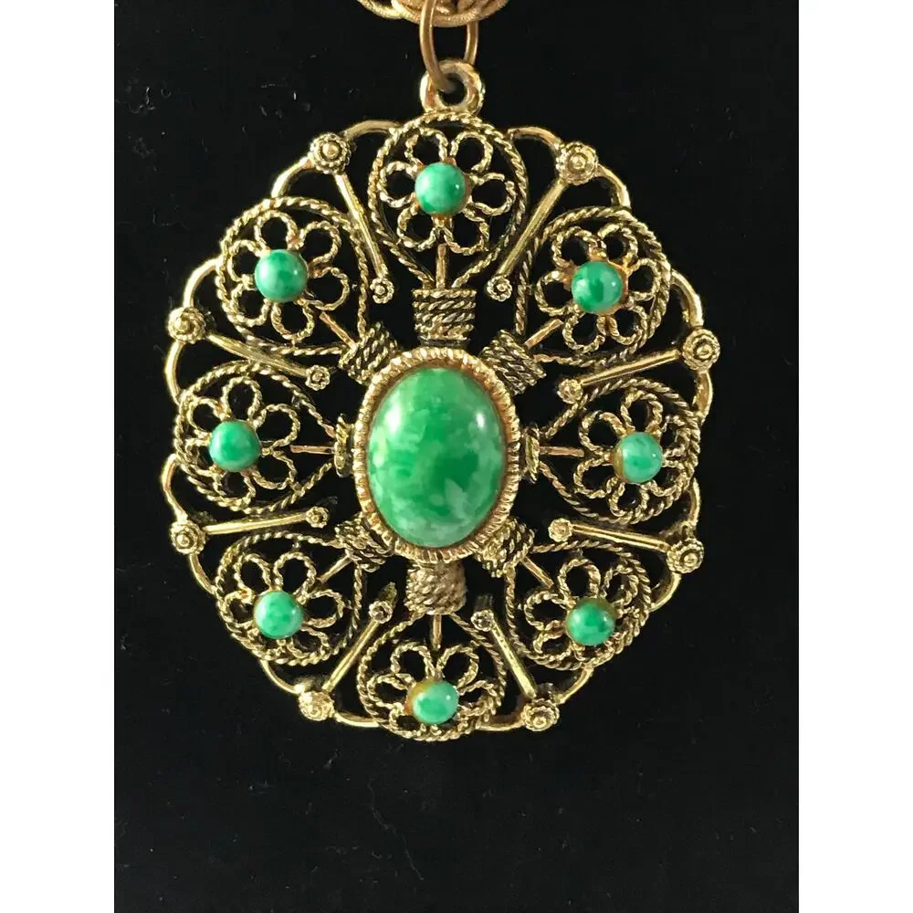 Vintage Western Germany Gold Tone Filigree Medallion Necklace Green Stones